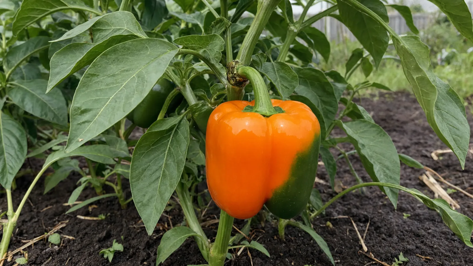 Bell pepper plant with a ripe colorful pepper growing