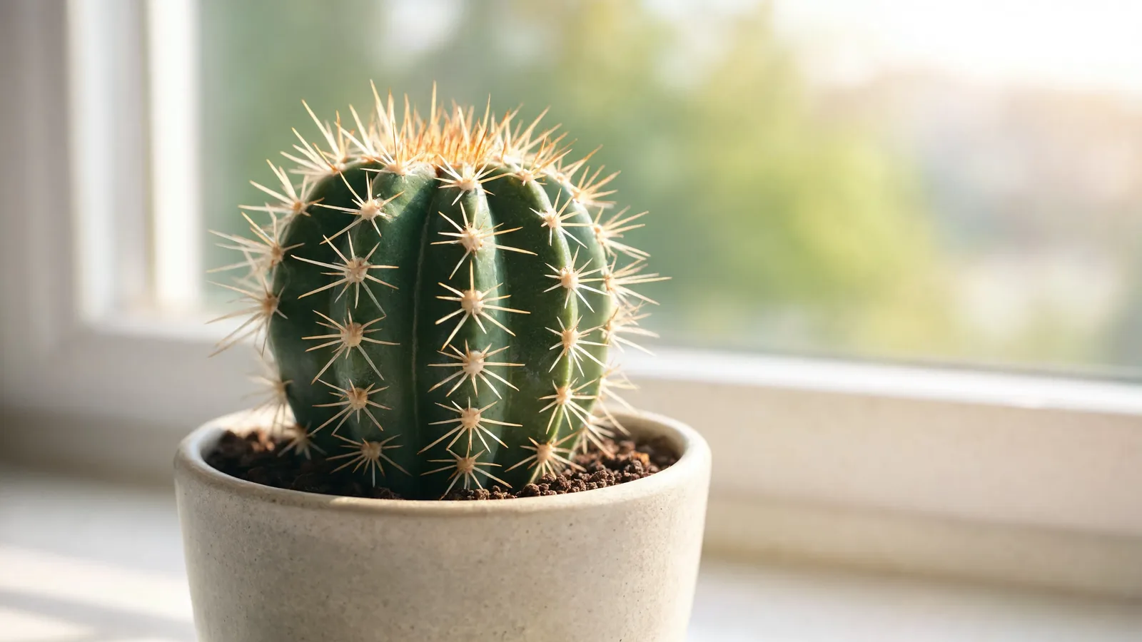 Potted cactus with ribbed texture and visible spines