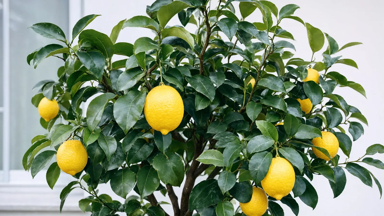 Small lemon tree with glossy leaves and ripe yellow lemons