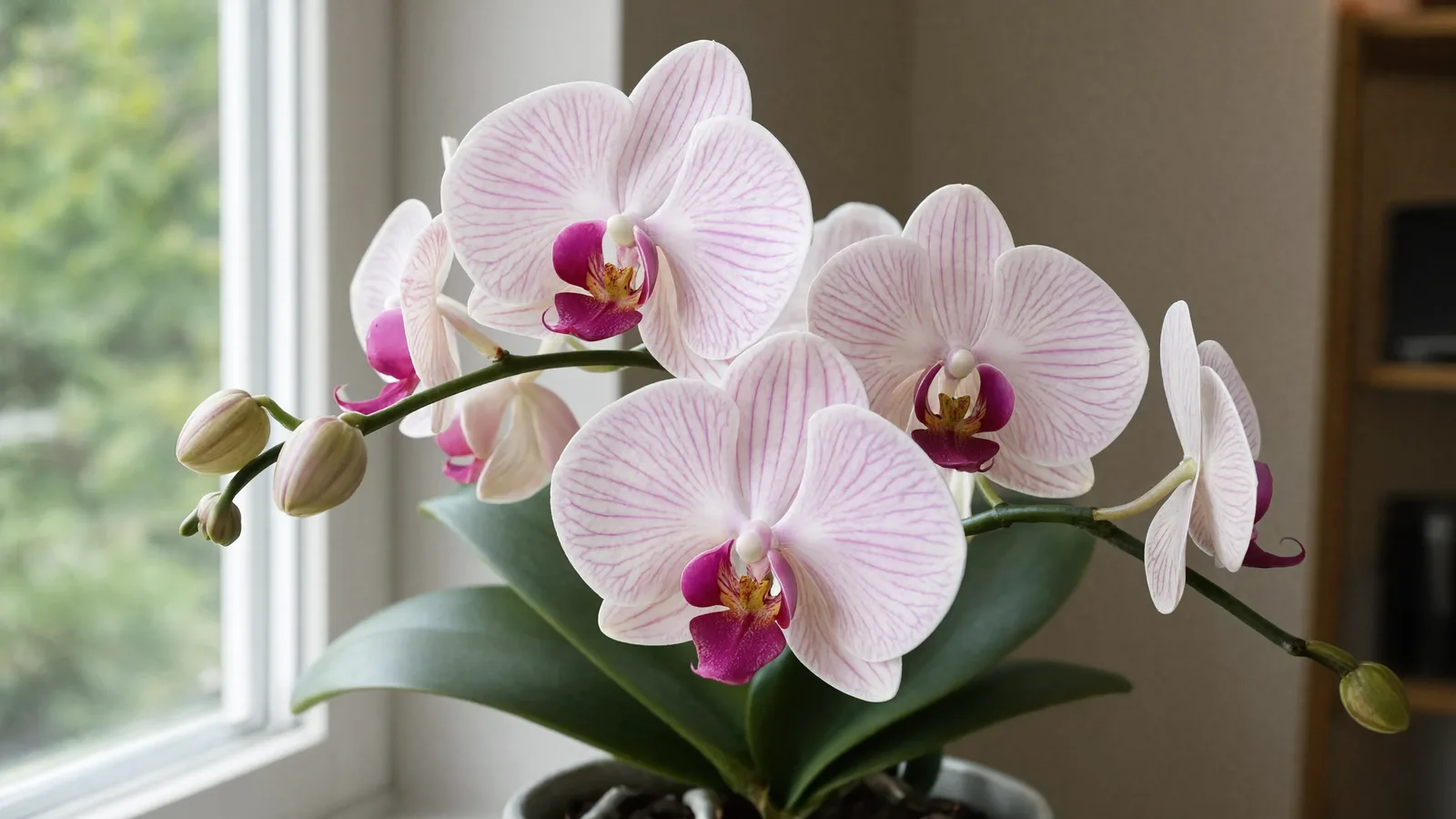Blooming orchid with elegant flowers and glossy green leaves