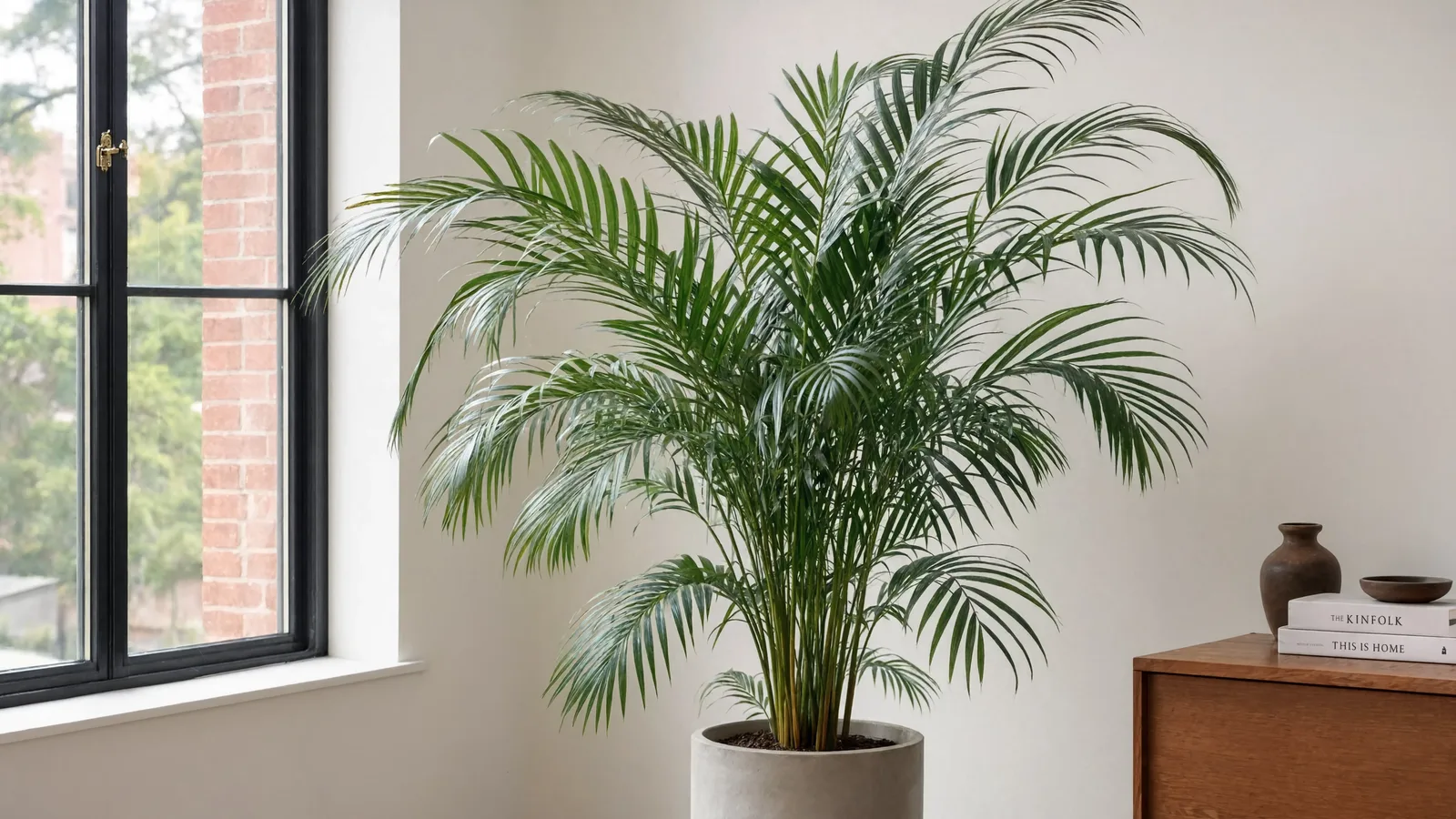 Indoor potted palm with tall arching fronds