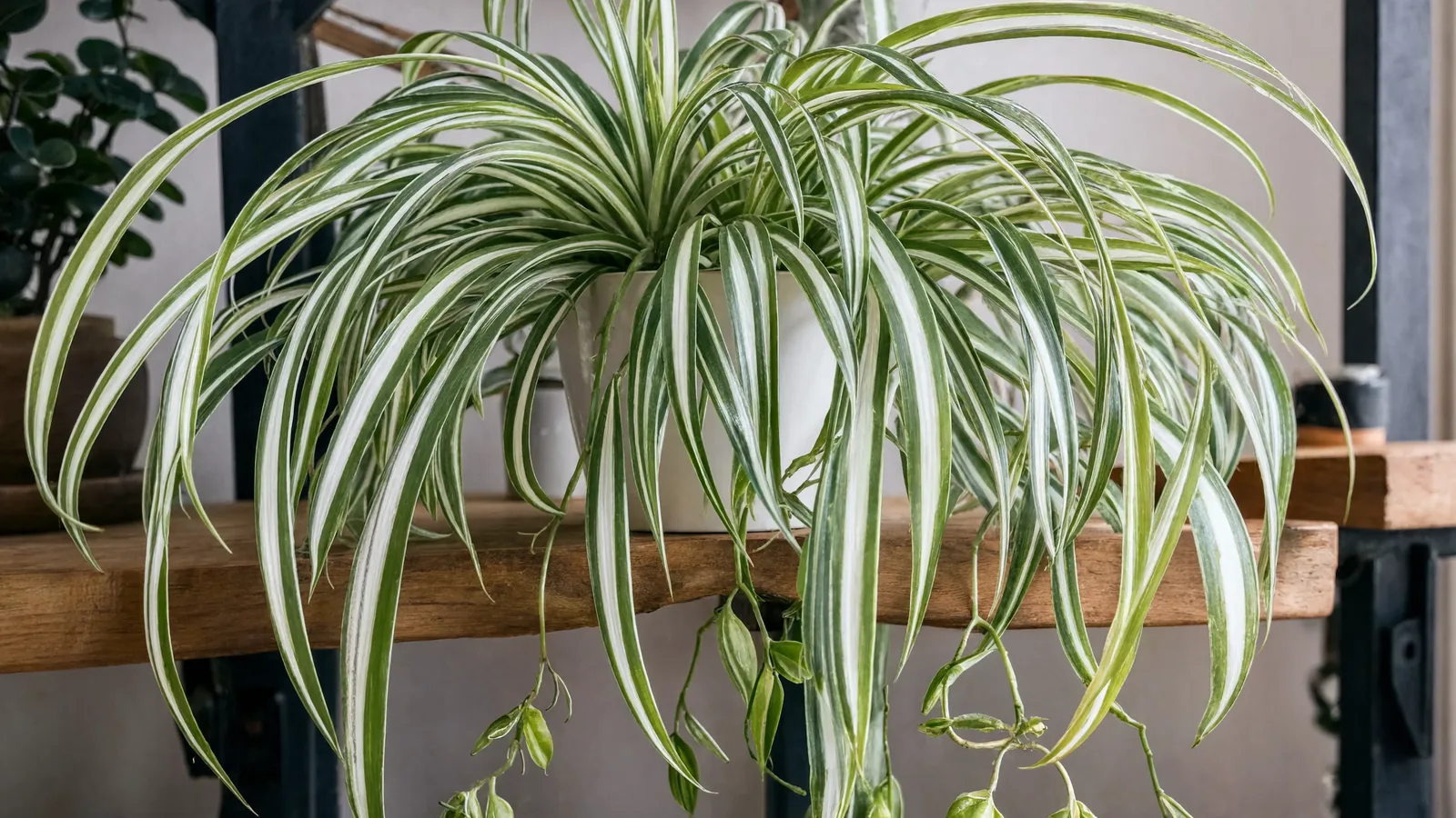 Spider Plant with arching striped leaves and small plantlets
